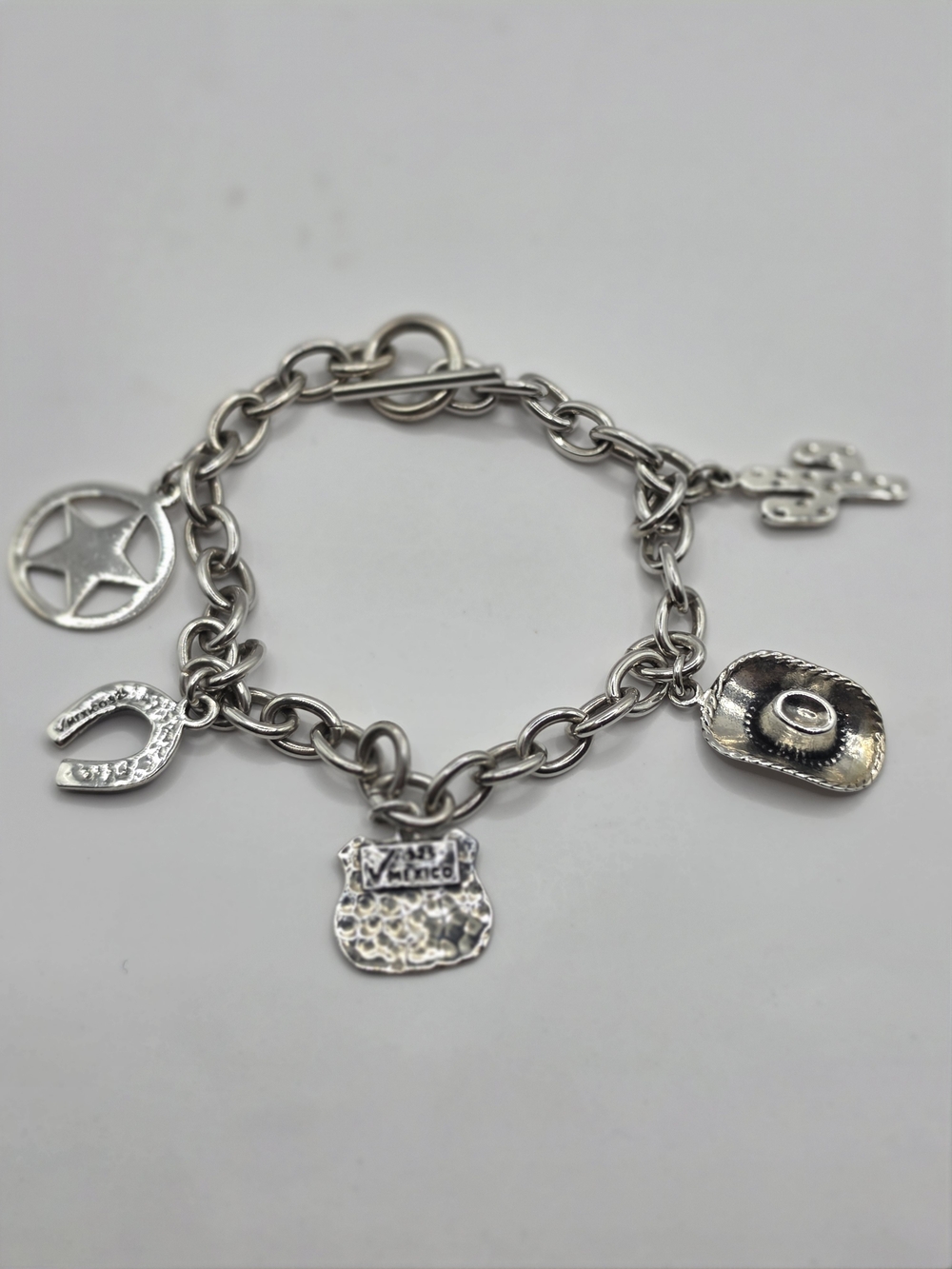 Silver Western Charm Bracelet with Cowboy Hat & Horseshoe